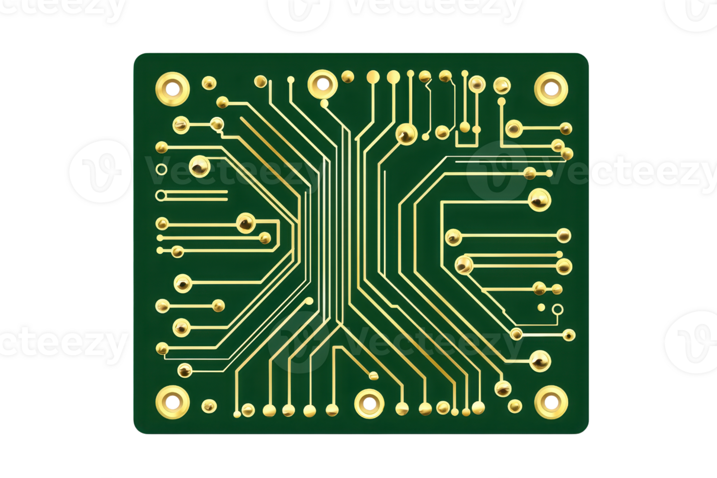 Close-up of a green circuit board with gold connectors, showcasing intricate electronic design and technology components. png
