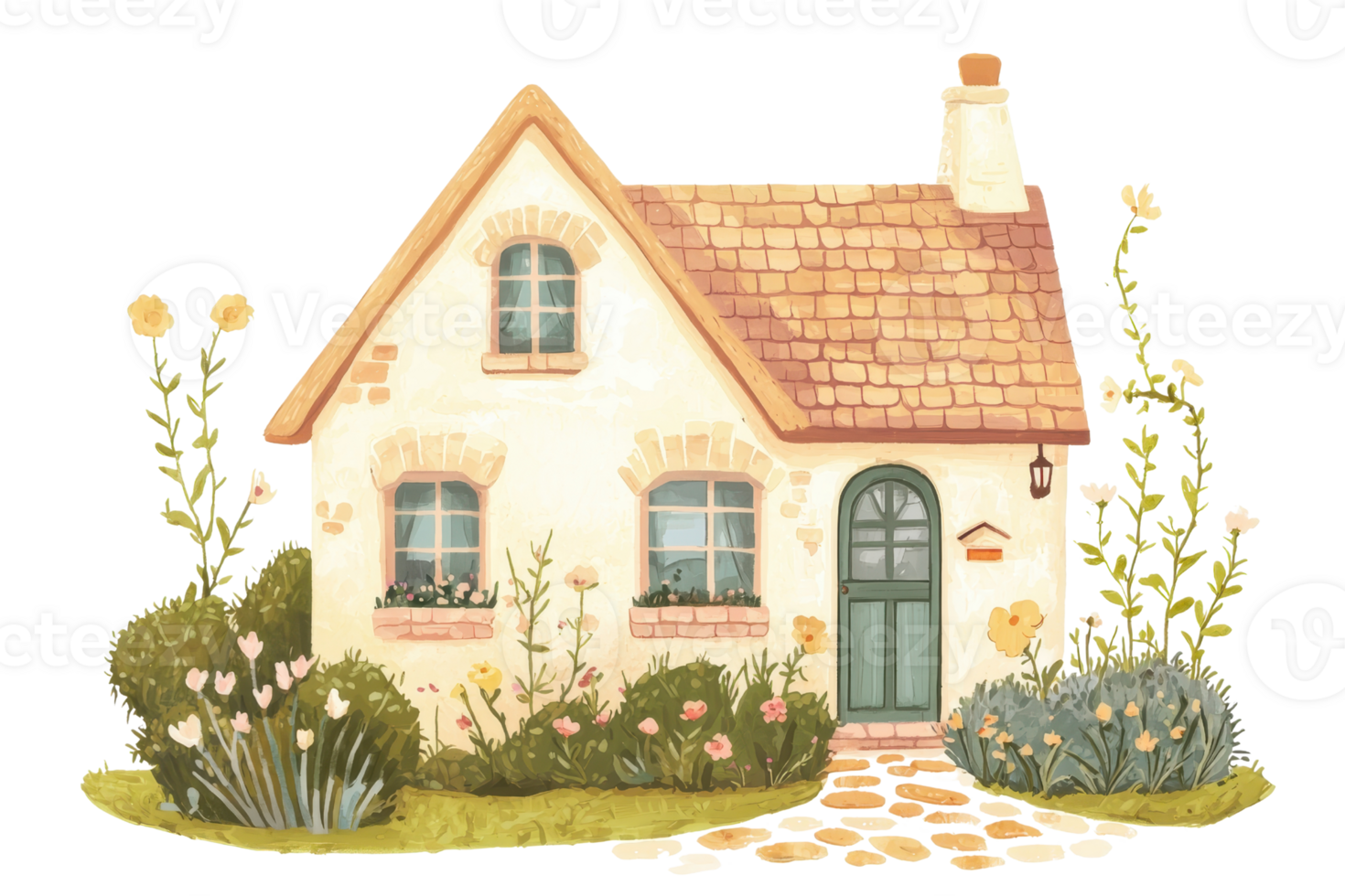 Charming hand-drawn cottage with a tiled roof, surrounded by a colorful garden. Ideal for illustrating quaint, cozy home designs. png