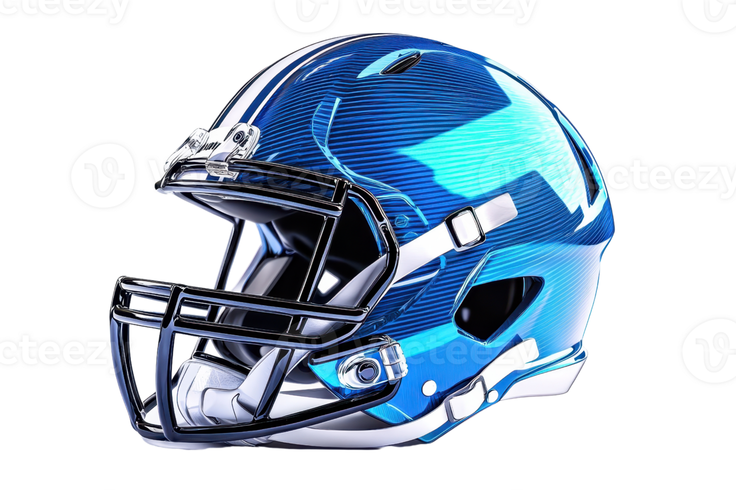 Close-up of a modern blue American football helmet isolated on a transparent background, showcasing its sleek design and protective features. png