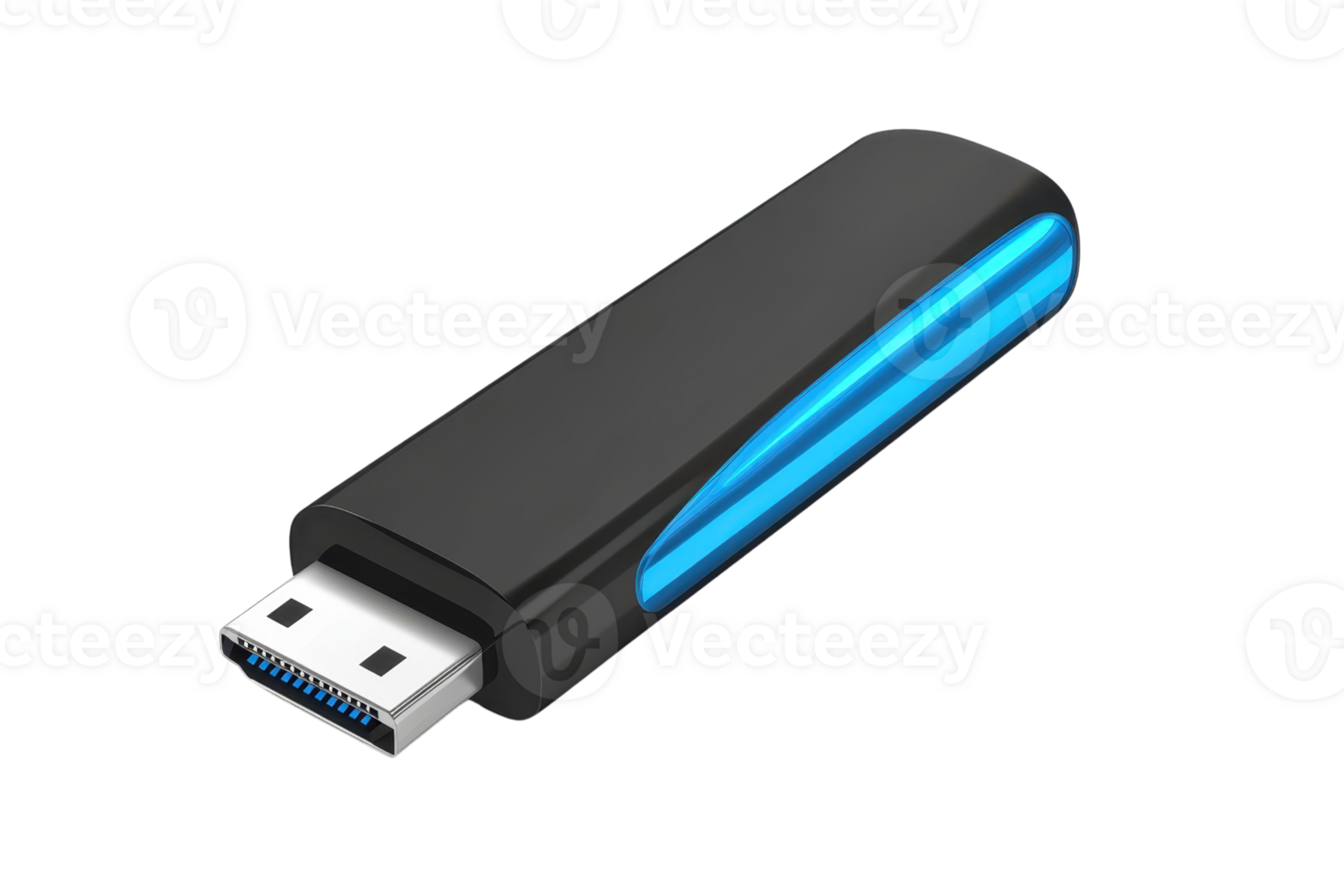 Close-up of a sleek black USB flash drive with a blue accent, isolated on a transparent background, showcasing modern technology and portable data transfer. png