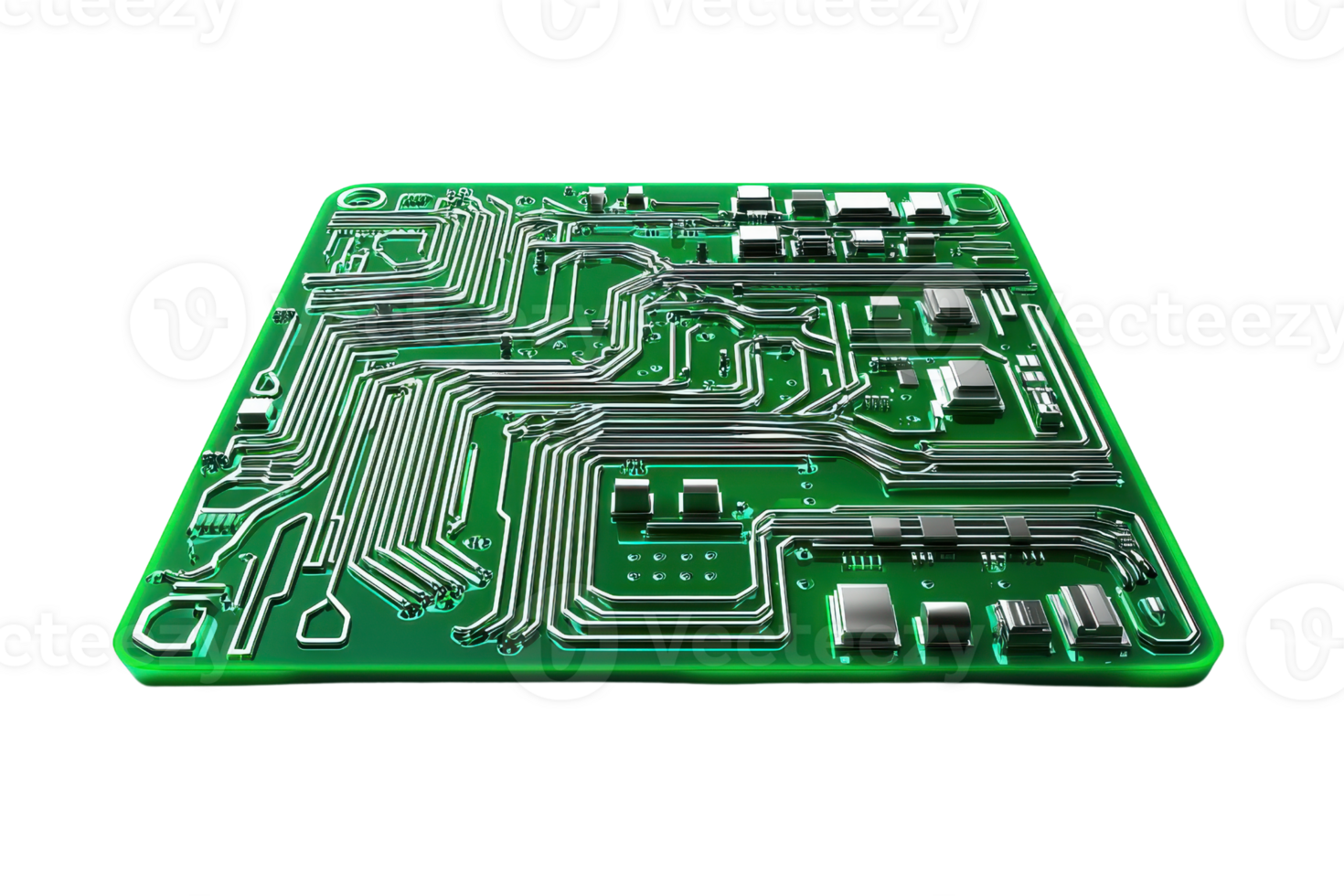 Close-up of a green electronic circuit board showcasing intricate pathways and components, representing technology and innovation. png