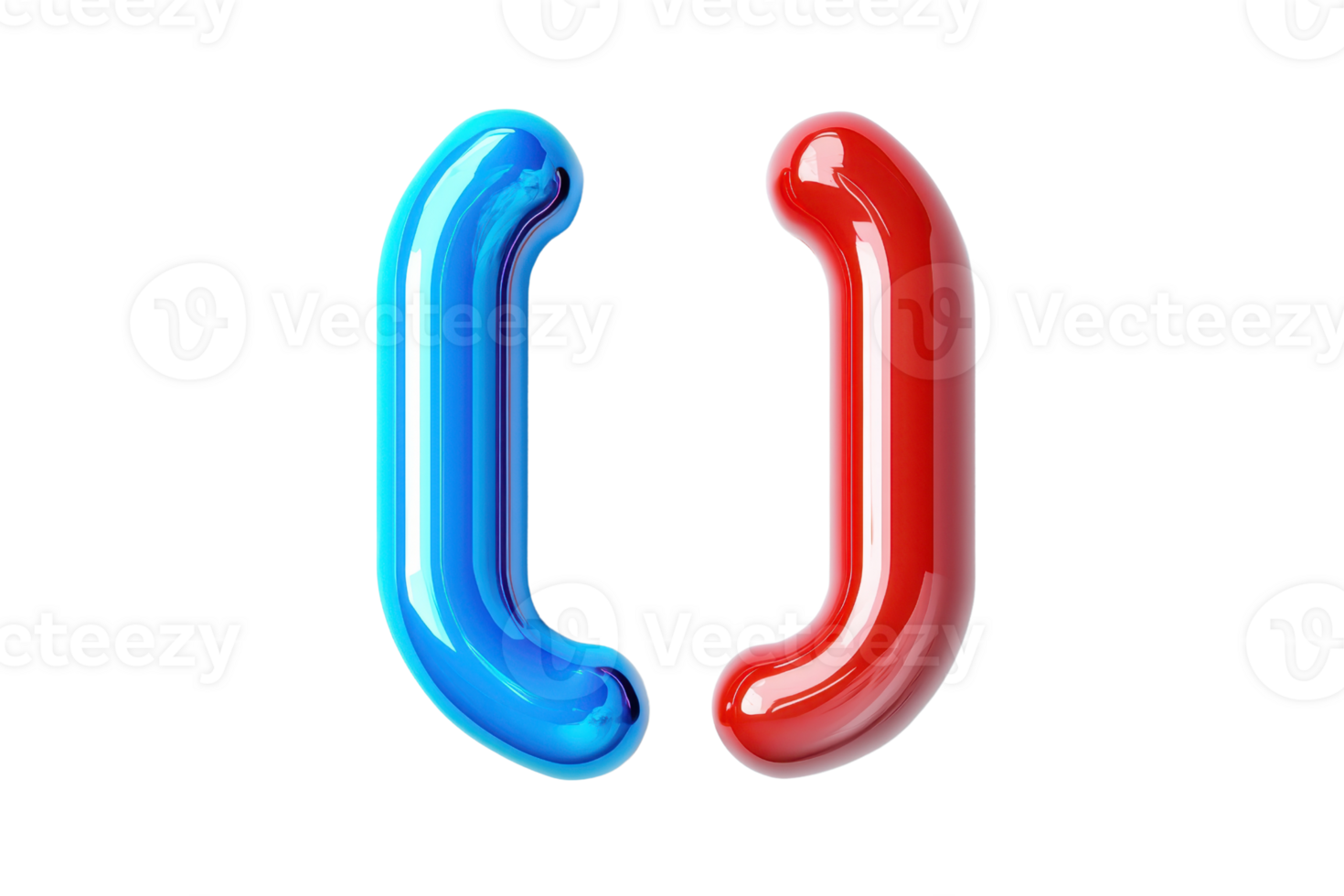 Colorful glass-like blue and red brackets against a transparent background, highlighting contrast, playfulness, and creativity in design. png