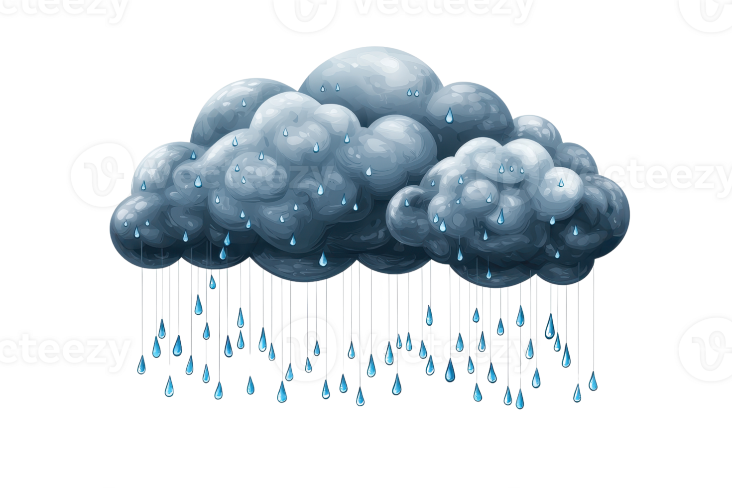 Digital illustration of a rain cloud with falling raindrops, depicting moody weather and atmospheric conditions. png