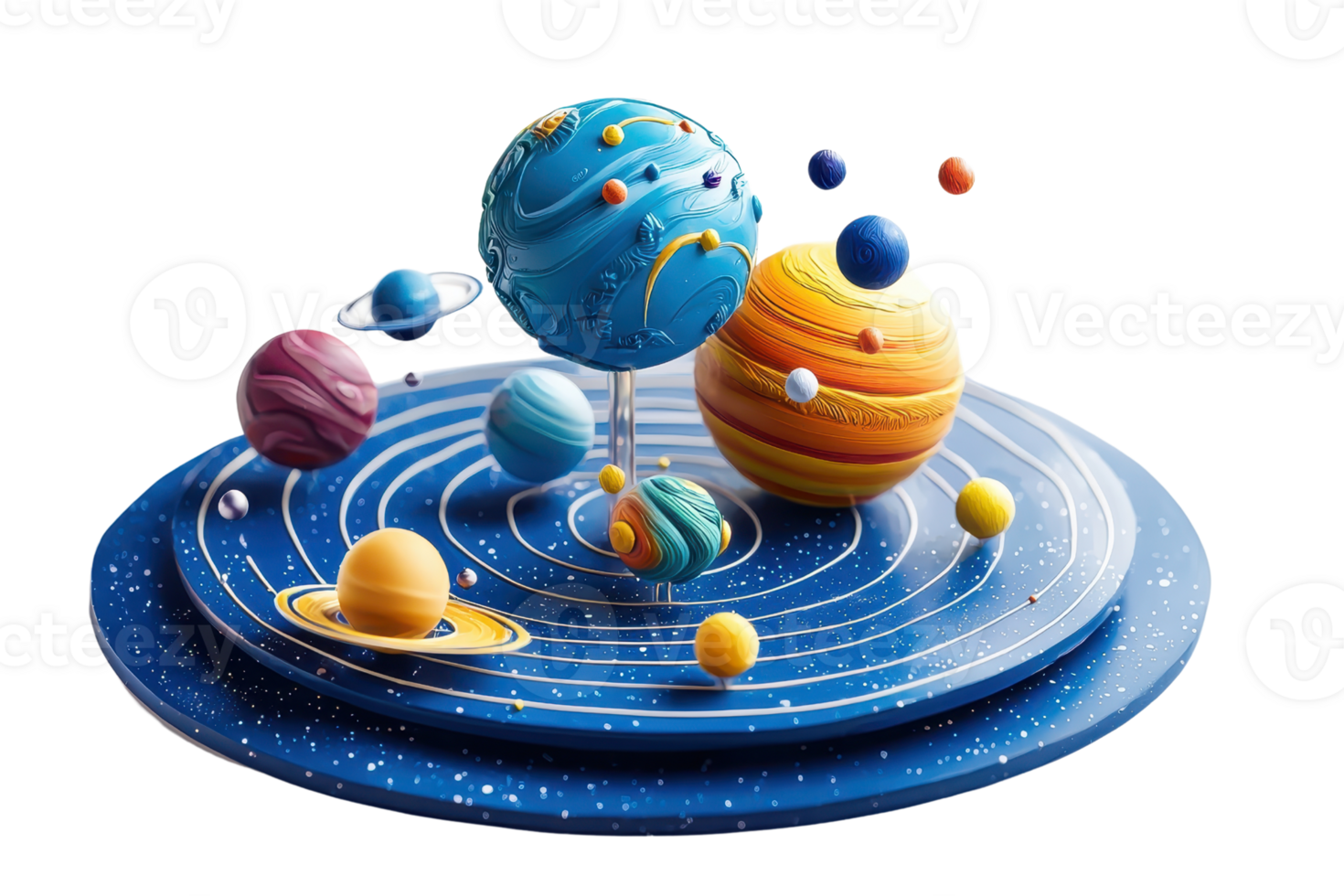 Colorful 3D model of the solar system with detailed planets and orbits on a vibrant blue platform, showcasing planetary exploration. png