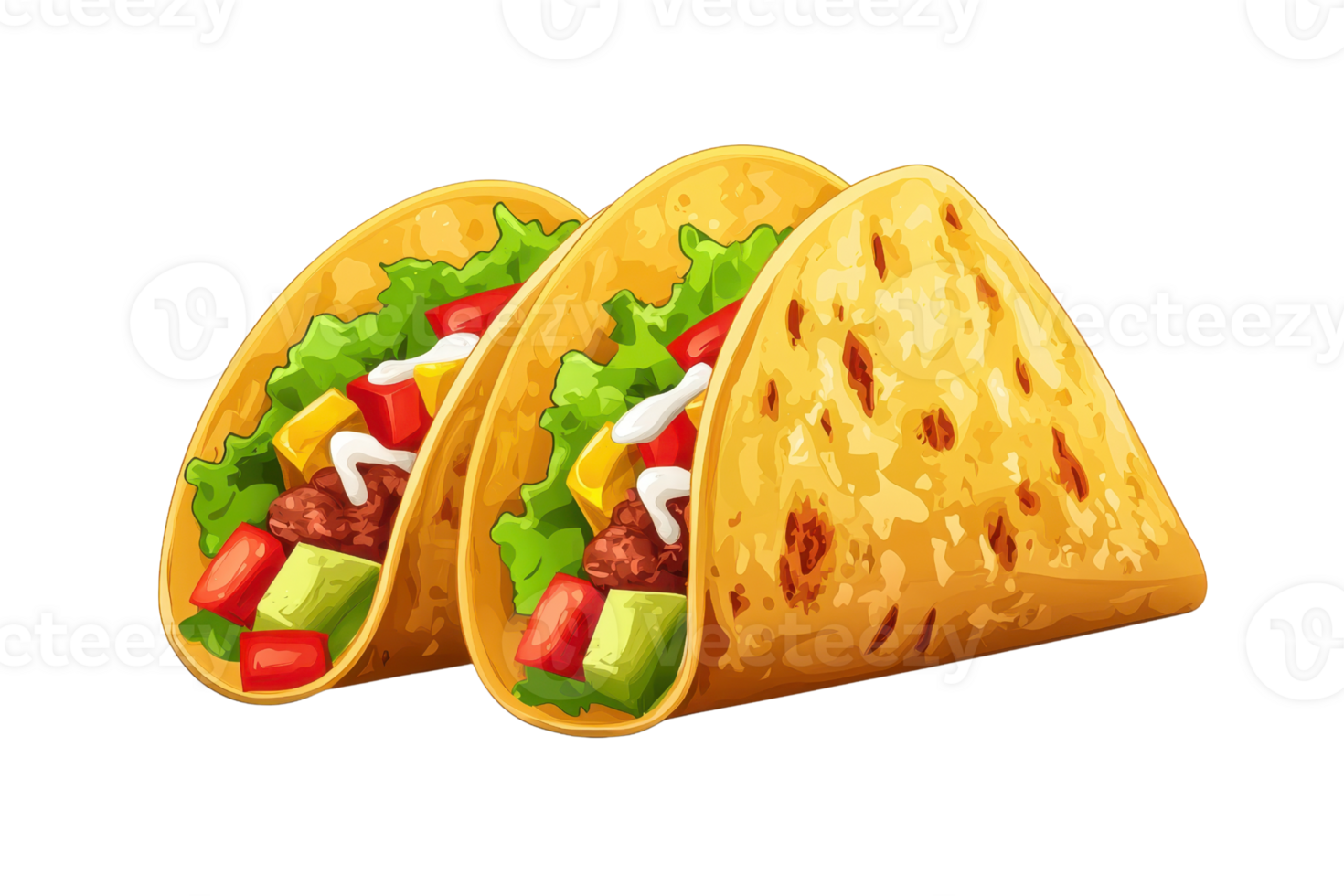 Colorful tacos with fresh toppings, including lettuce, tomatoes, cheese, and avocado, in a crispy shell. Mexican food concept. png