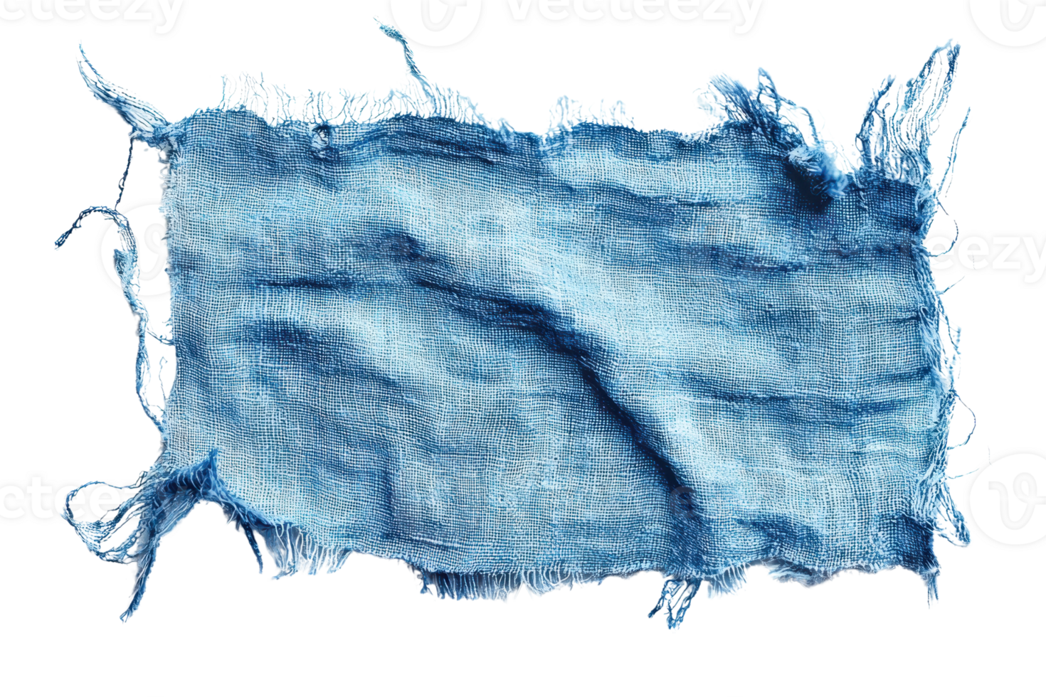 Close-up of a textured, distressed blue denim fabric swatch with frayed edges, isolated on a transparent background. showcasing fabric detail. png