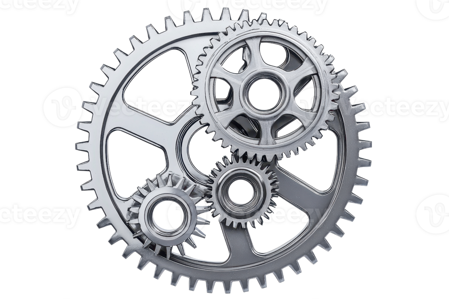 Close-up of interlocking metallic gears in a mechanical setup, symbolizing teamwork, precision, and engineering in industrial design. png