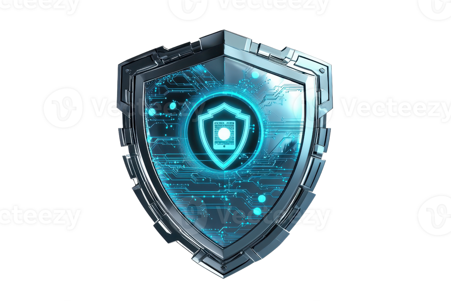 Digital shield with glowing cyber elements representing cybersecurity, protection, and futuristic technology on a transparent background. png