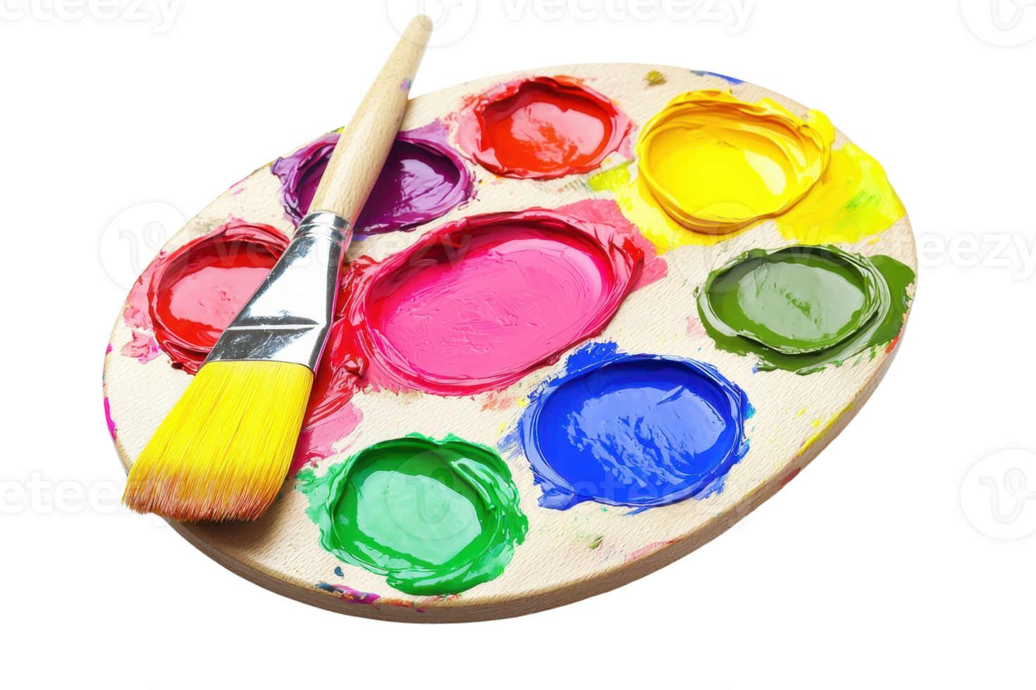 Colorful artist palette with vibrant acrylic paints and brush, ideal for creative projects and artistic inspiration. png
