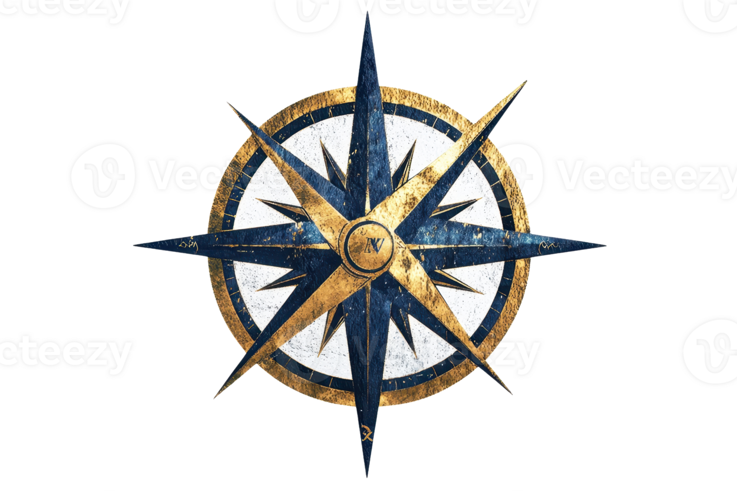 Elegant compass rose design with intricate blue and gold detailing, symbolizing guidance, direction, and exploration on a transparent background. png