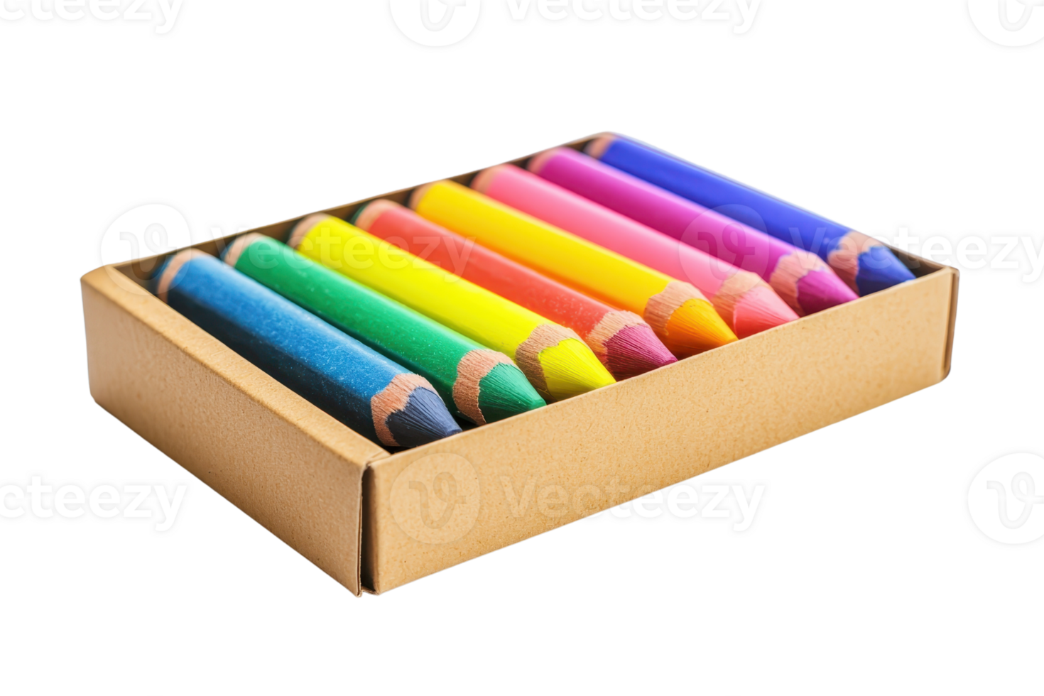 Colorful set of crayons in a cardboard box, neatly arranged in a row. Perfect for art projects, creativity, and educational activities. png