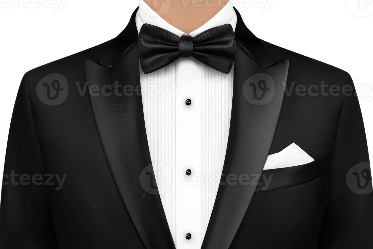 Elegant black tuxedo with a classic bow tie and pocket square, perfect for formal events and special occasions. Timeless style and sophistication. png