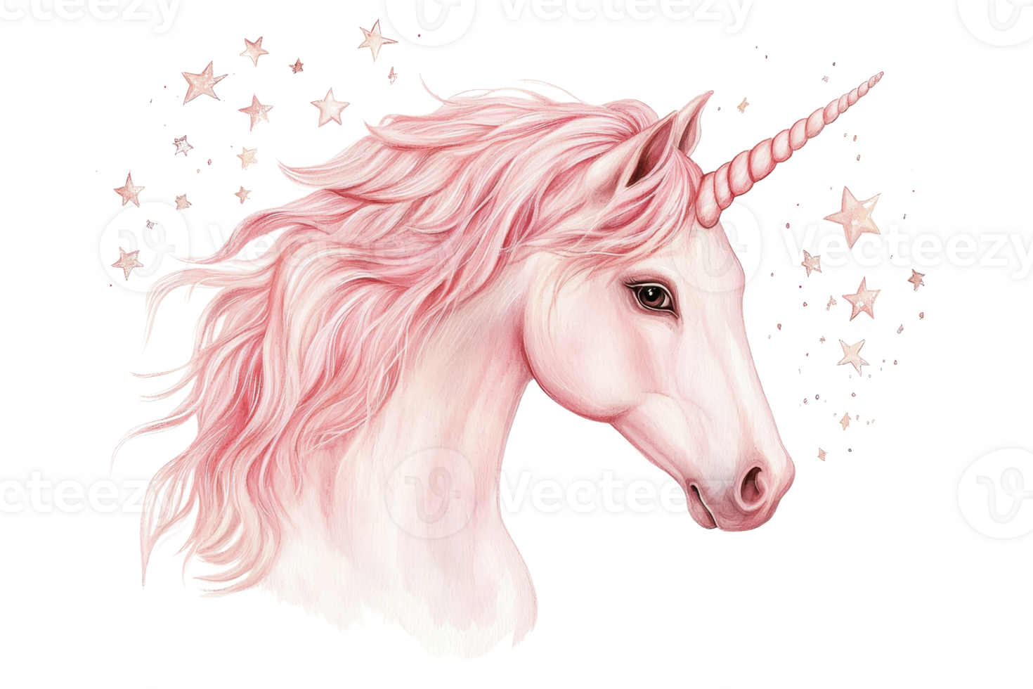 Elegant pink unicorn illustration with flowing mane and magical stars, perfect for fantasy or fairytale themes. png