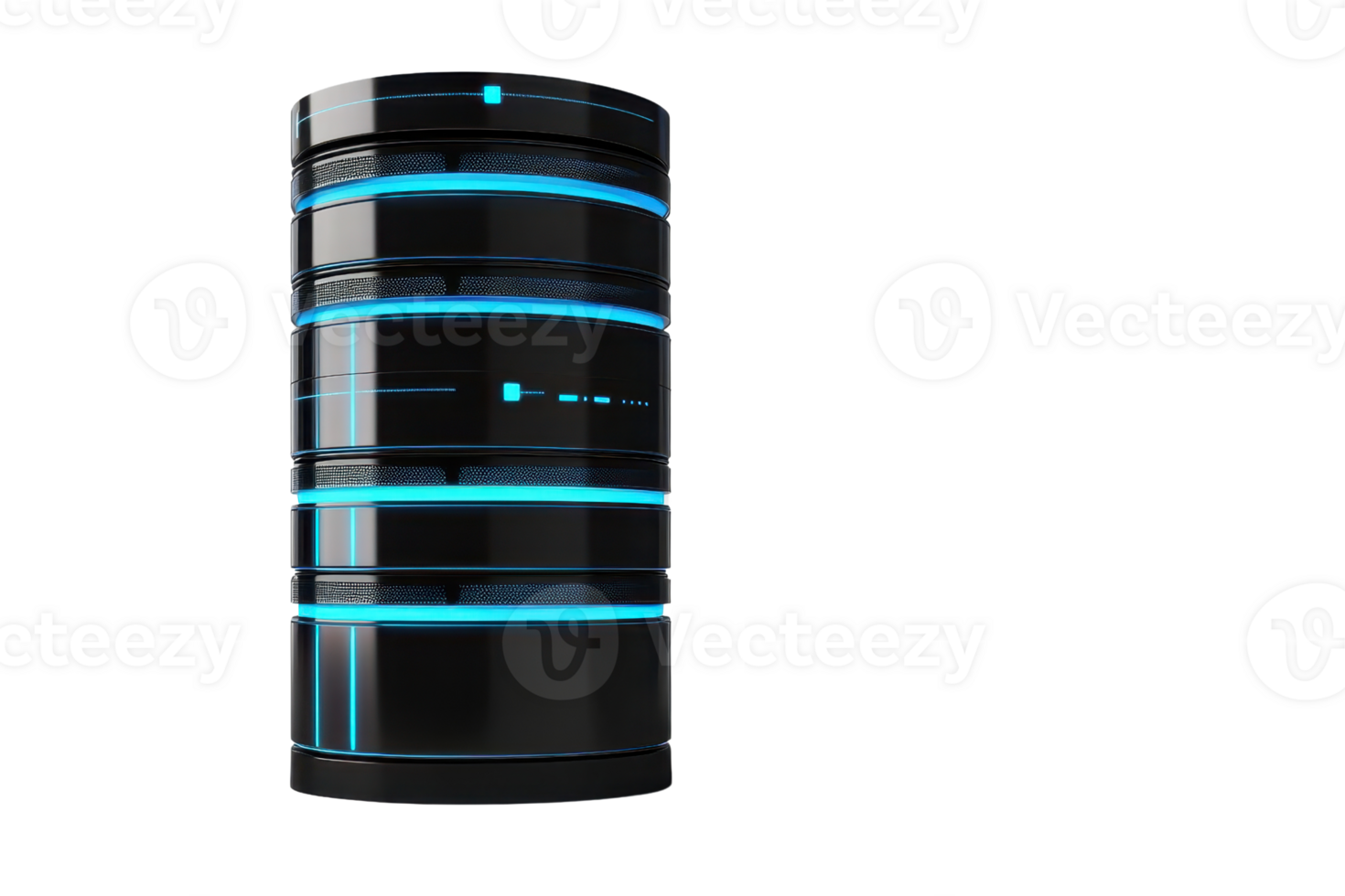 Futuristic black server with blue LED lights, isolated on transparent background, showcasing advanced technology and data storage capabilities. png