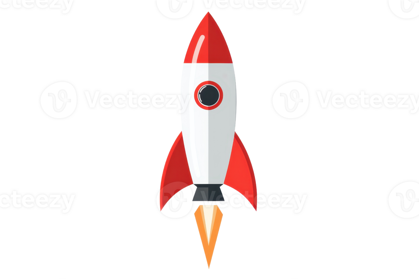 Illustration of a red and white cartoon rocket launching with orange flames, symbolizing space exploration and adventure. png