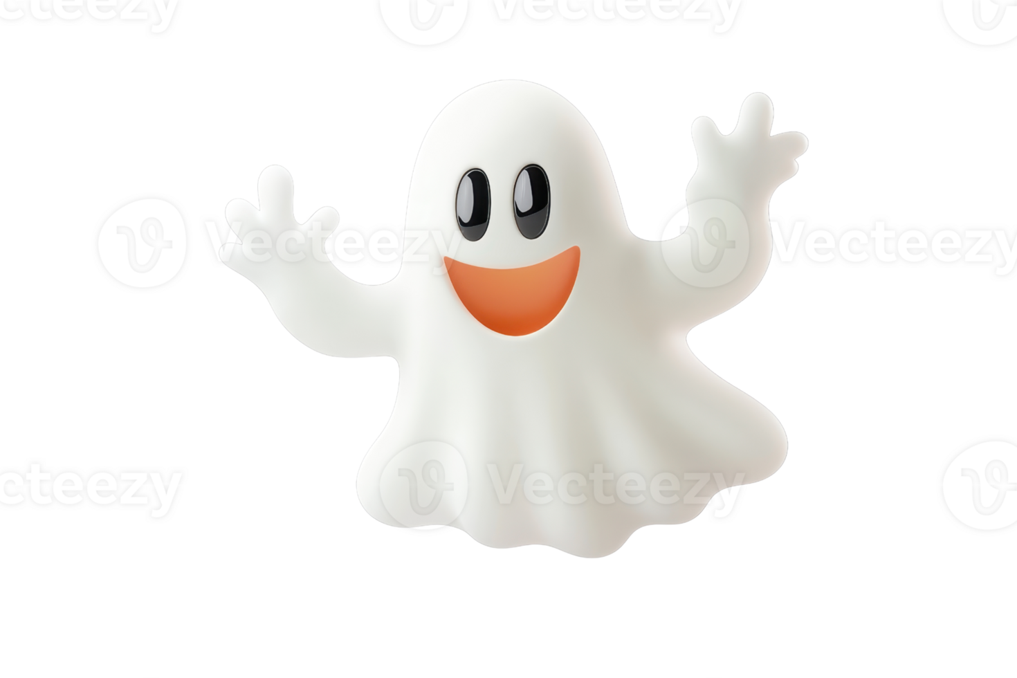 Happy cartoon ghost with a smiling face, waving hands, and a playful expression, perfect for Halloween or playful design themes. png