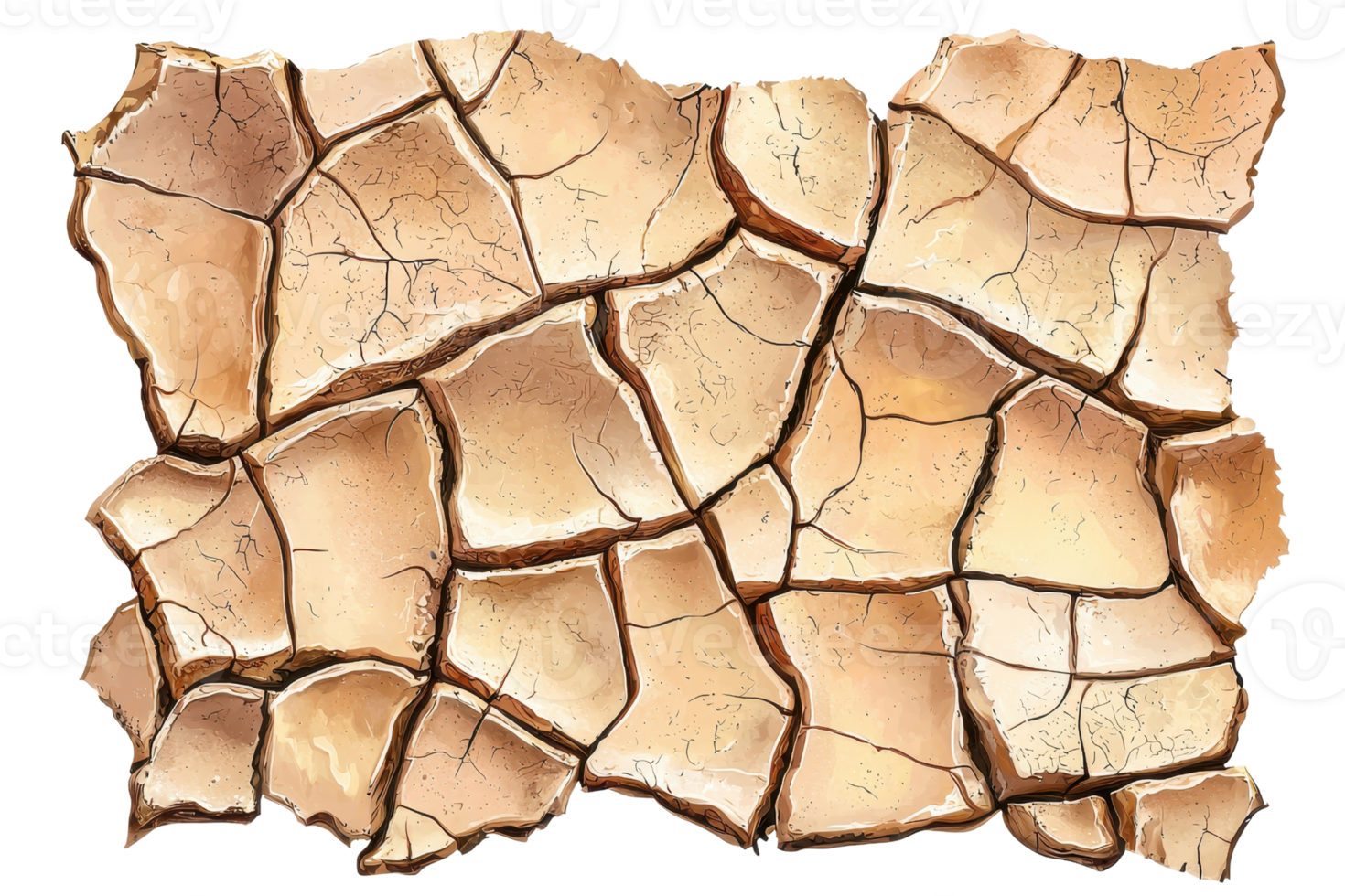 Detailed illustration of cracked dry soil texture, highlighting arid climate effects and environmental impact on land surfaces. png