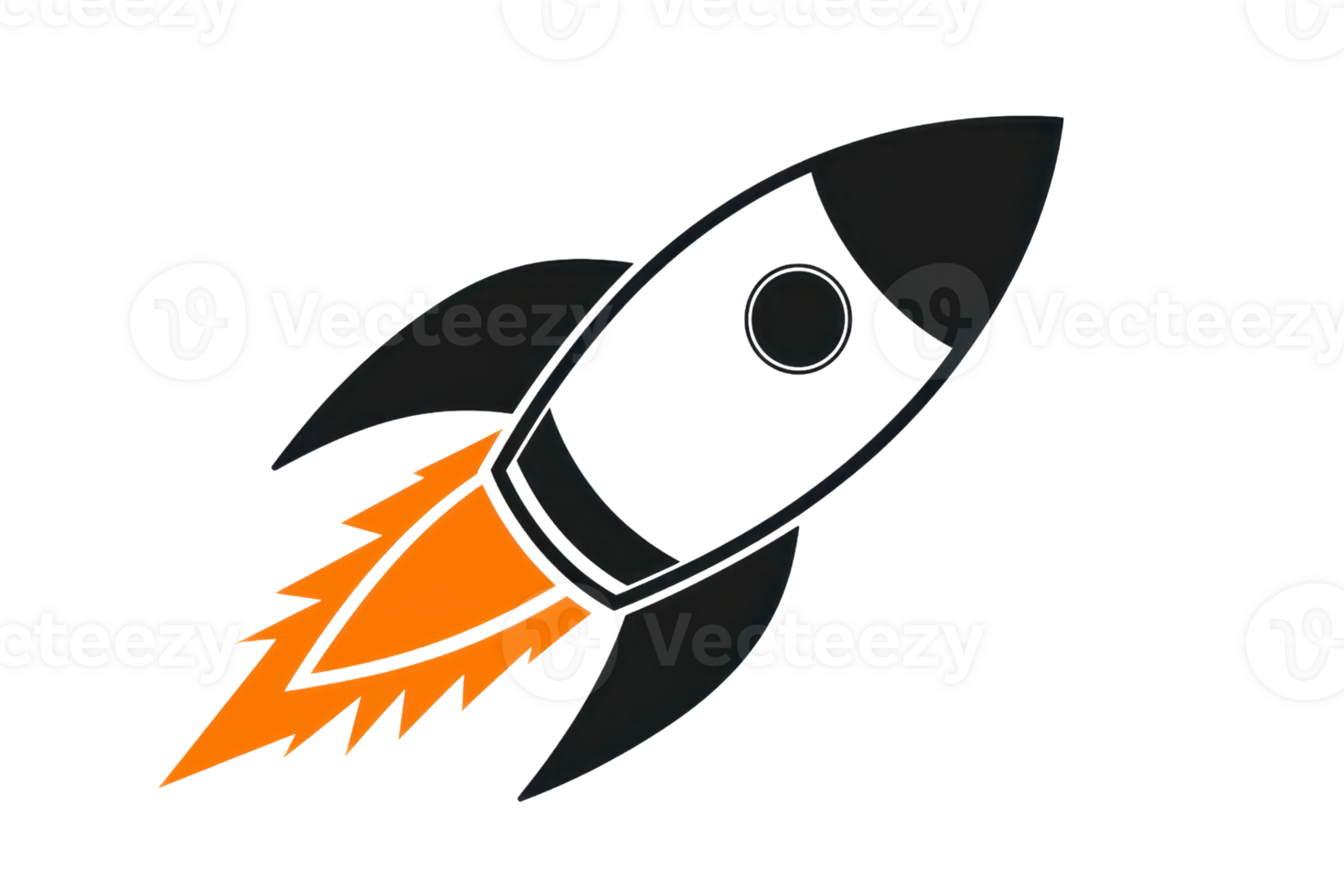 Illustration of a black rocket with orange flames, symbolizing innovation and exploration, isolated on a transparent background. png