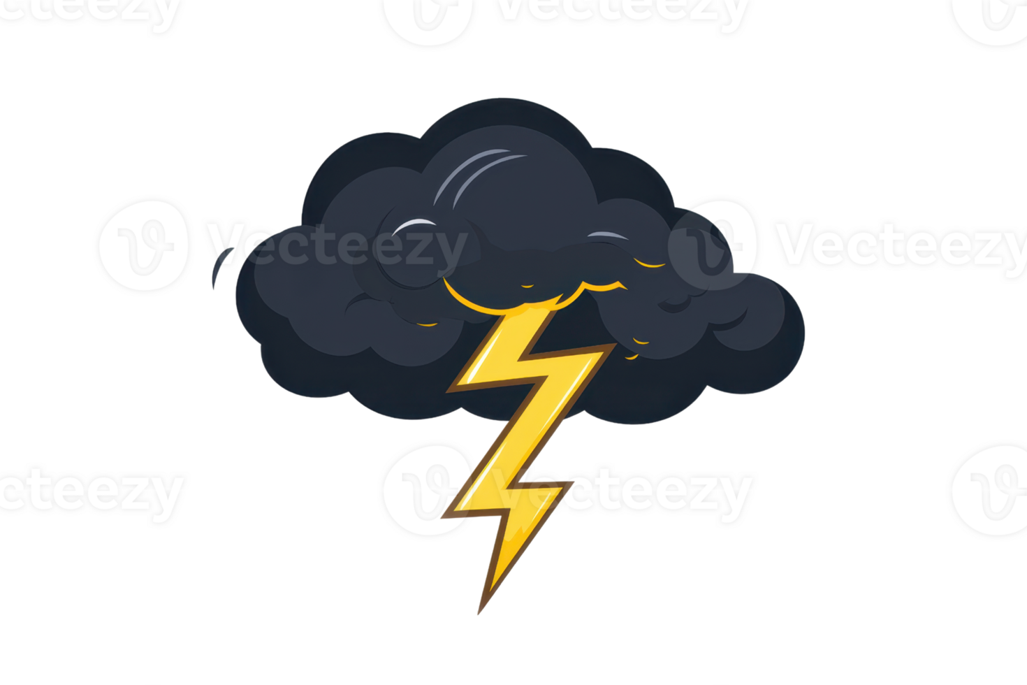 Illustration of a dark thunderstorm cloud with a bright yellow lightning bolt striking down, symbolizing power and nature's forces. png