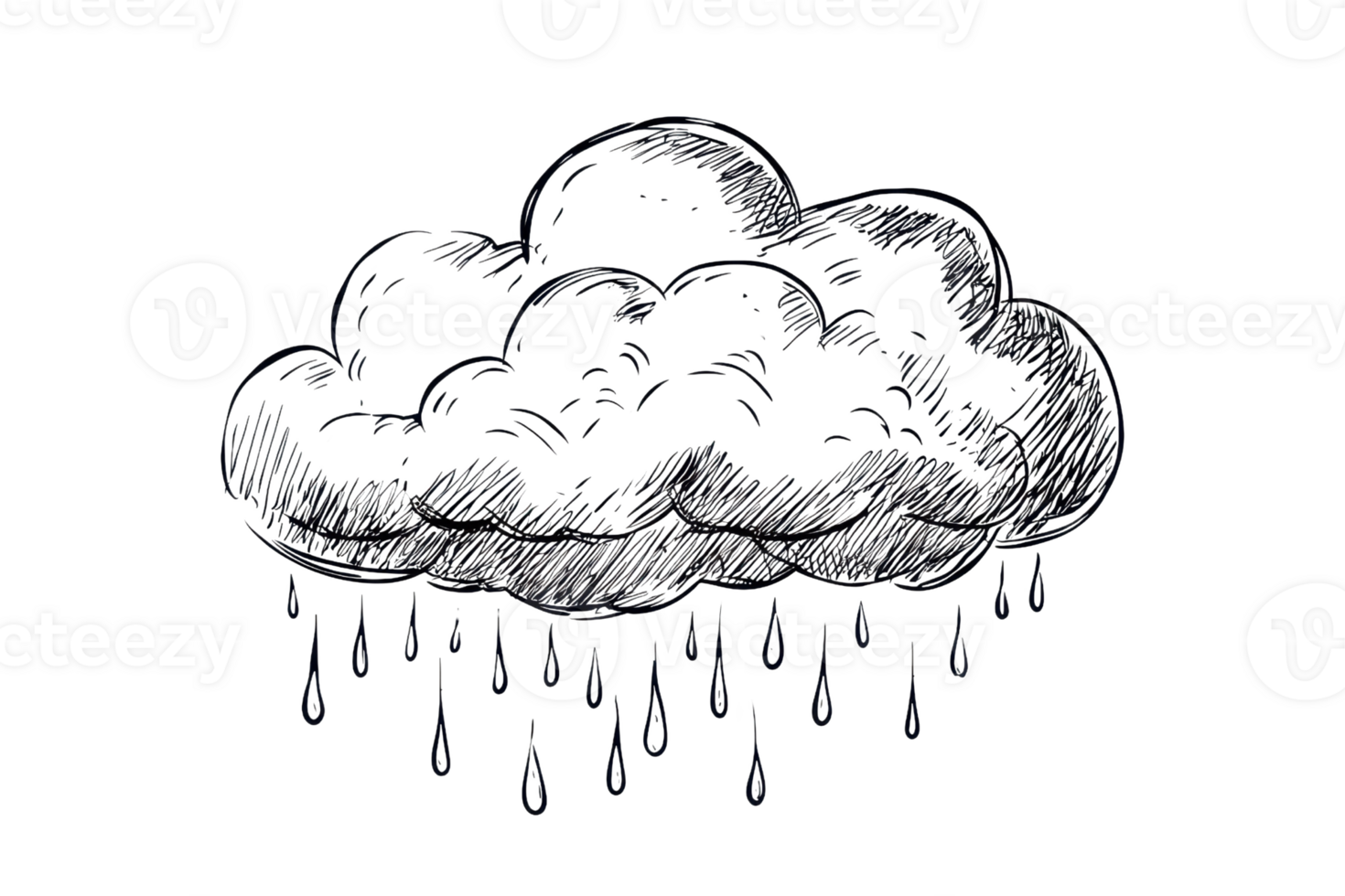 Illustration of a dark rain cloud with raindrops. Hand-drawn sketched style, representing weather, storm, and rain. png