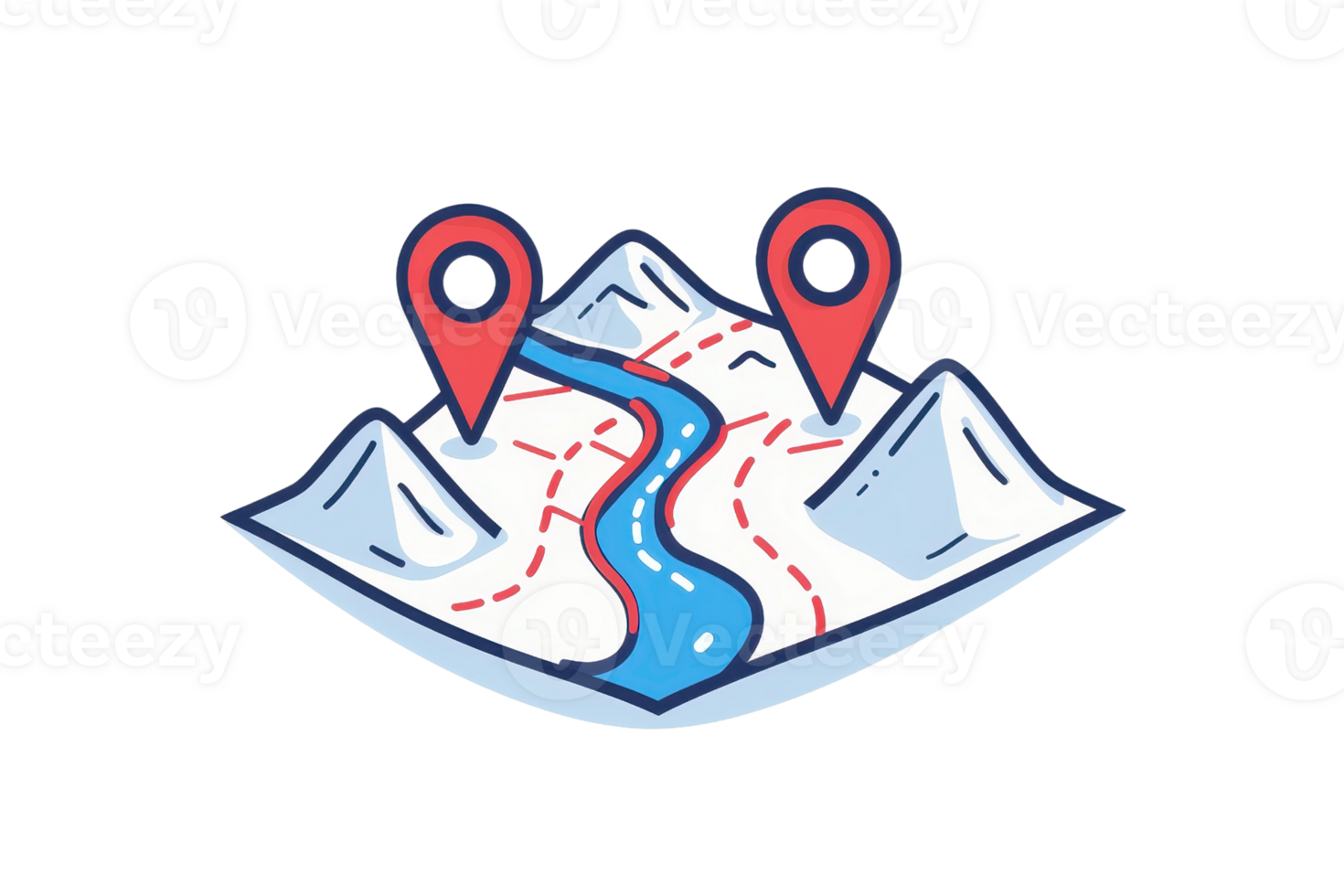 Illustration of a topographic map with mountains and GPS location markers, symbolizing navigation and exploration. png