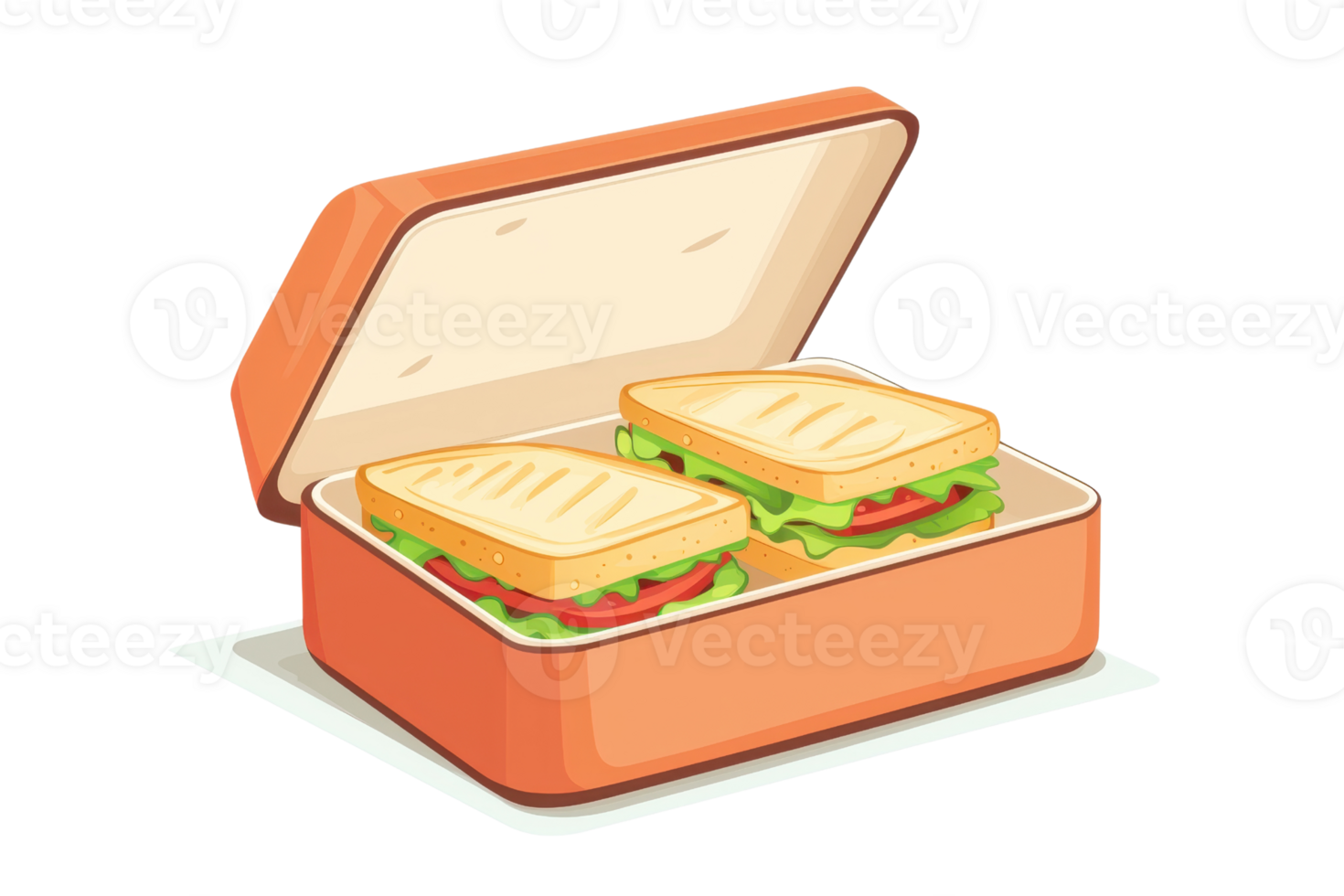 Illustration of a lunchbox containing two grilled sandwiches with lettuce and tomato, ideal for healthy eating concepts and meal prep visuals. png