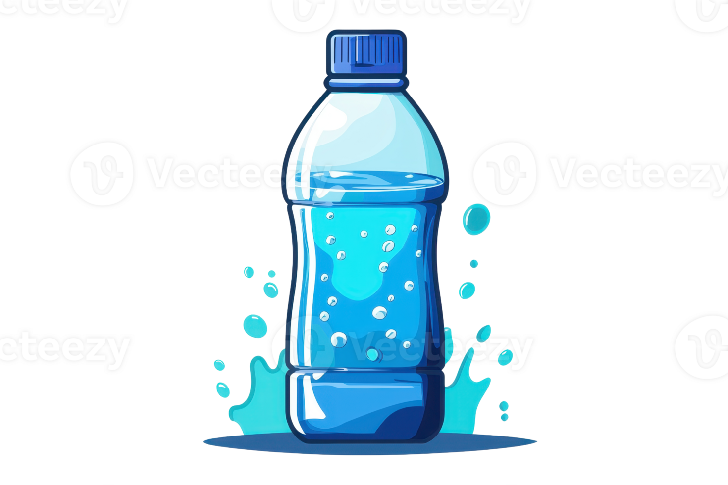 Illustration of a plastic water bottle with splashing water droplets, emphasizing hydration and freshness. Perfect for health and lifestyle topics. png