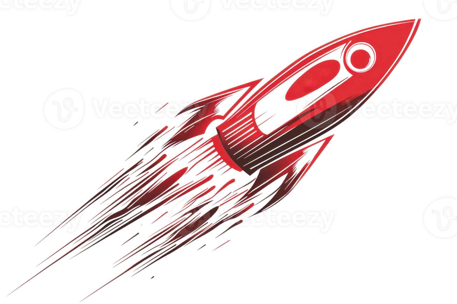 Illustration of a red rocket soaring through space with flames trailing behind, symbolizing speed, innovation, and futuristic technology. png