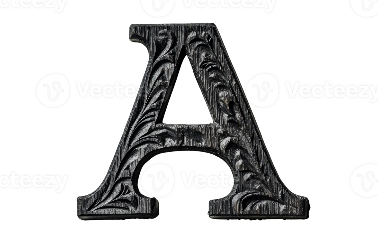 Intricate black letter A with ornate floral designs, ideal for typography projects and artistic presentations. png