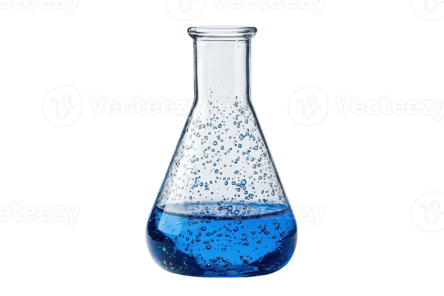Laboratory flask with blue liquid and bubbles isolated on transparent background, ideal for science, chemistry, and research-themed projects. png