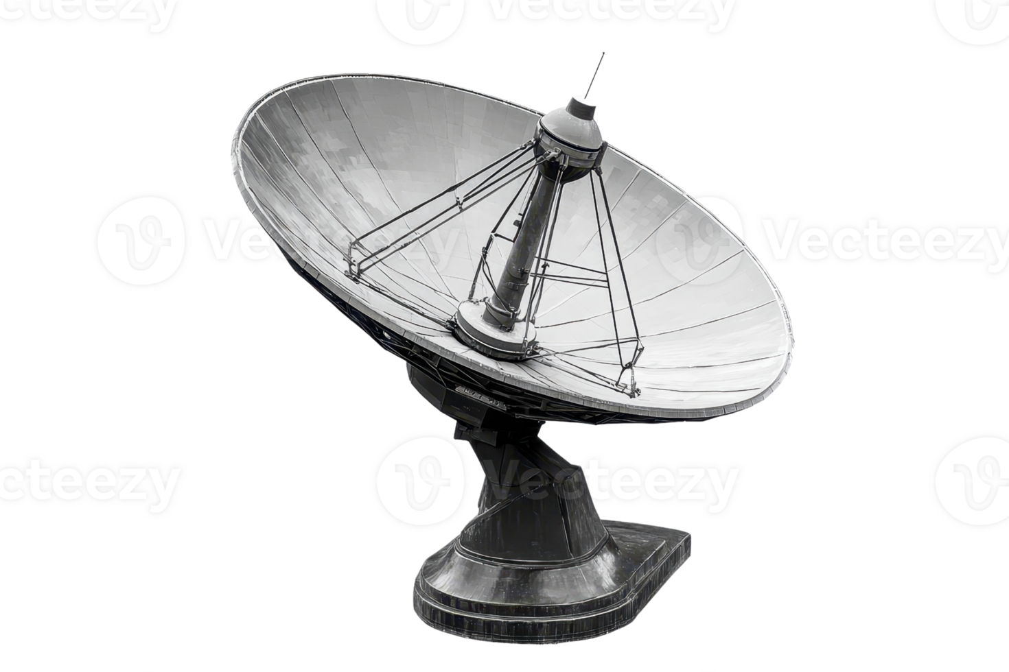 Metallic satellite dish against transparent background, illustrating communication, technology, and connectivity in modern society. png