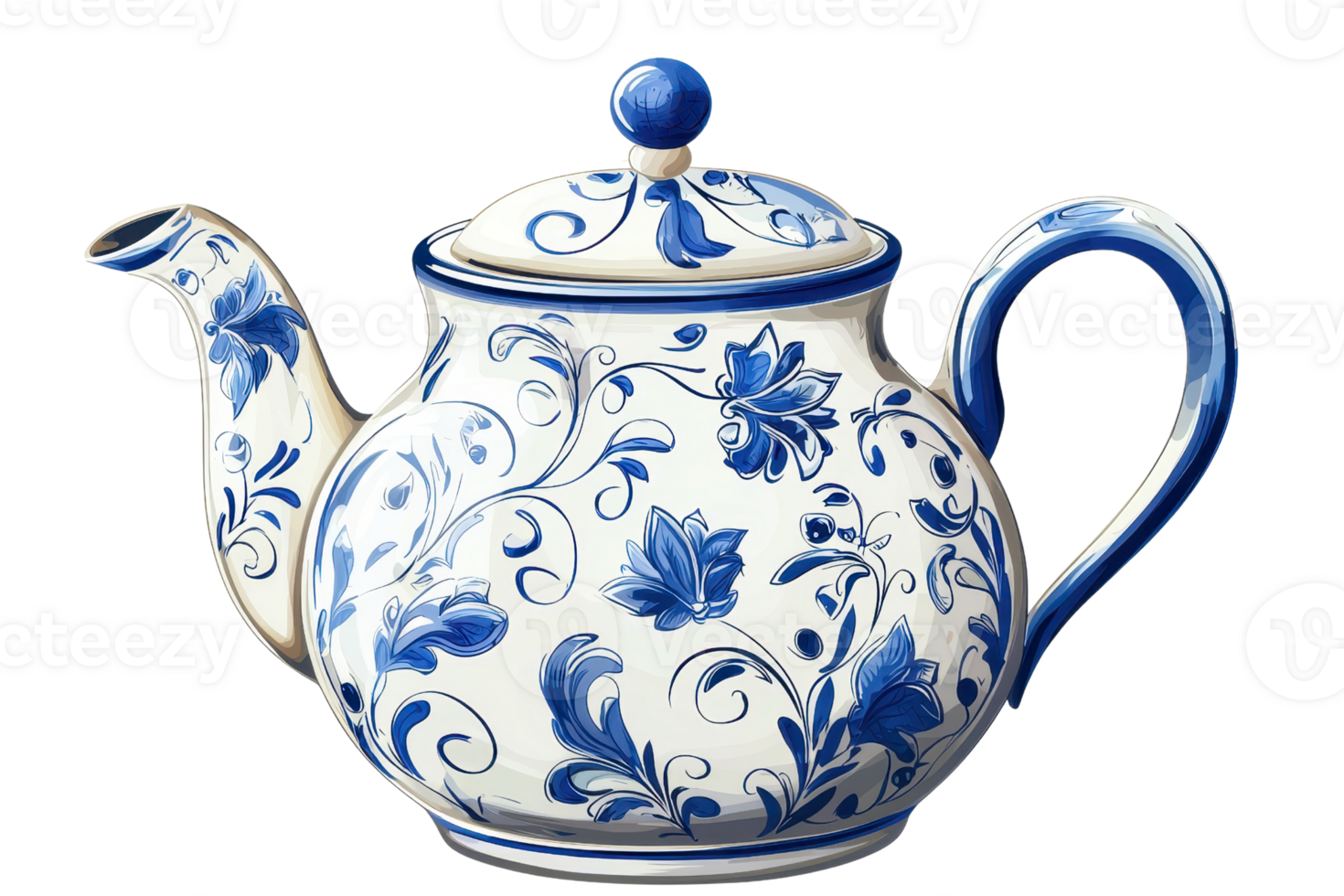 Elegant porcelain teapot with blue floral design, perfect for tea lovers and collectors. Adds a touch of charm to any kitchen setting. png