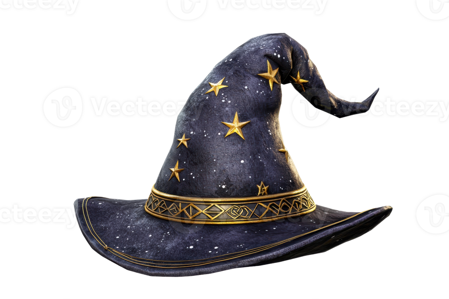 Enchanted wizard hat adorned with stars and golden trim, symbolizing magic, mystery, and fantasy in a whimsical design. png
