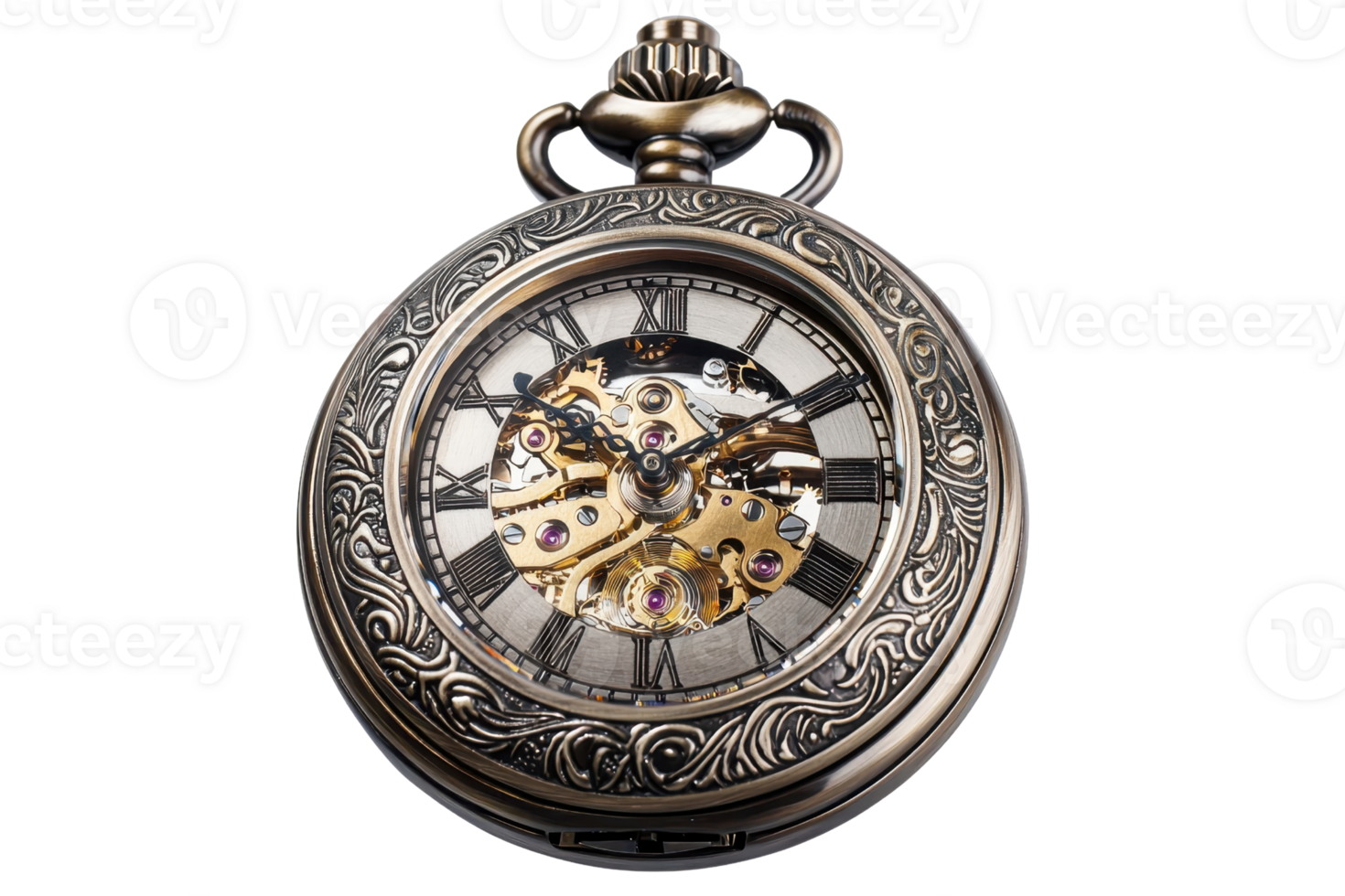 Elegant vintage pocket watch with intricate design and exposed gears, symbolizing the art of timekeeping and mechanical craftsmanship. png