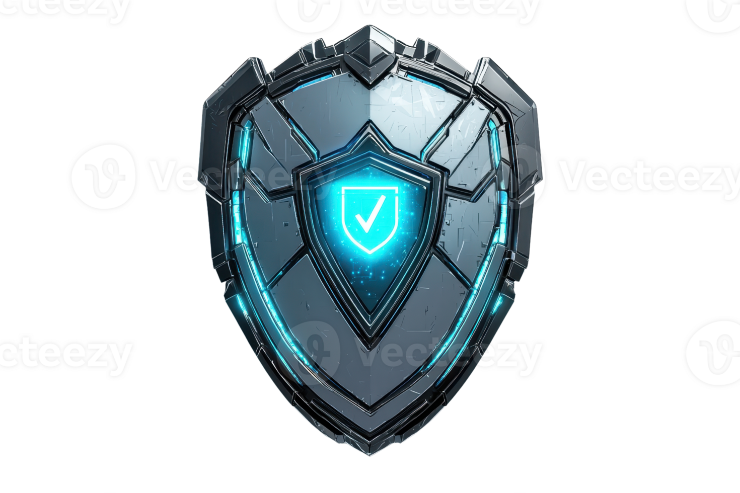 Futuristic digital shield icon with a glowing blue checkmark, symbolizing cybersecurity protection and technology defense design. png