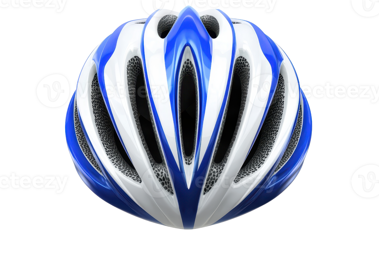 Front view of a modern blue and white bicycle helmet with vent holes, designed for safety and comfort during cycling adventures. png