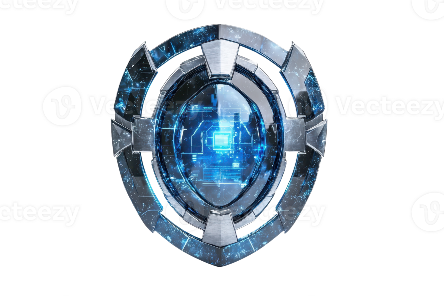 Futuristic blue digital shield design with glowing core, symbolizing cybersecurity, protection, and technology innovation. png