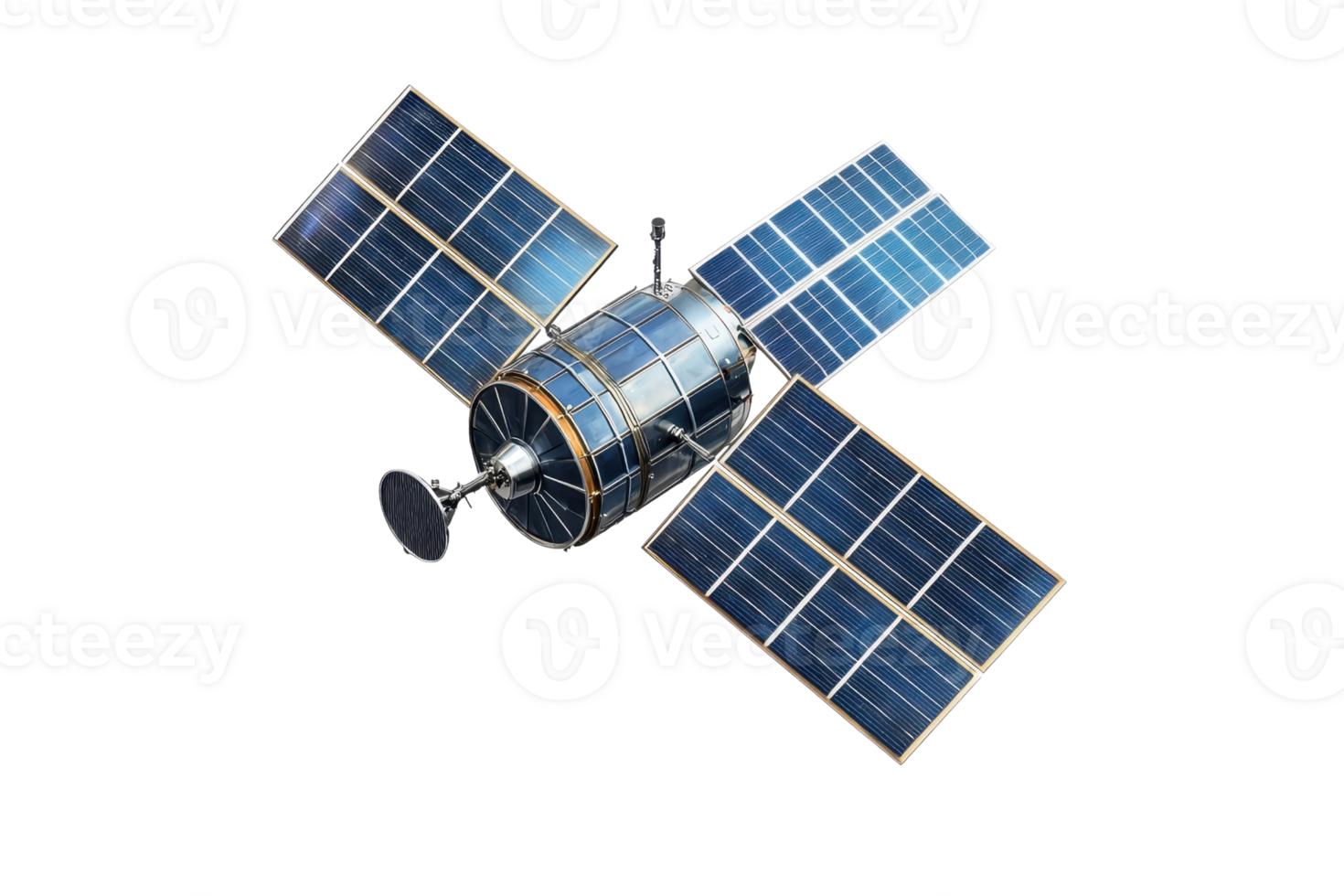 High-resolution image of a modern satellite with solar panels, orbiting space for communication and observation purposes. png