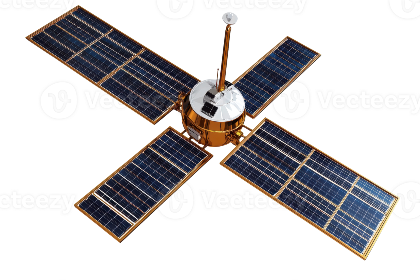 High-resolution image of a artificial satellite with solar panels, isolated on transparent background, ideal for space and technology themes. png