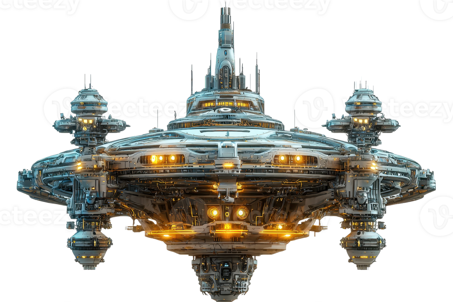 Futuristic space station with glowing lights, showcasing advanced alien technology and architecture in a sci-fi universe. png