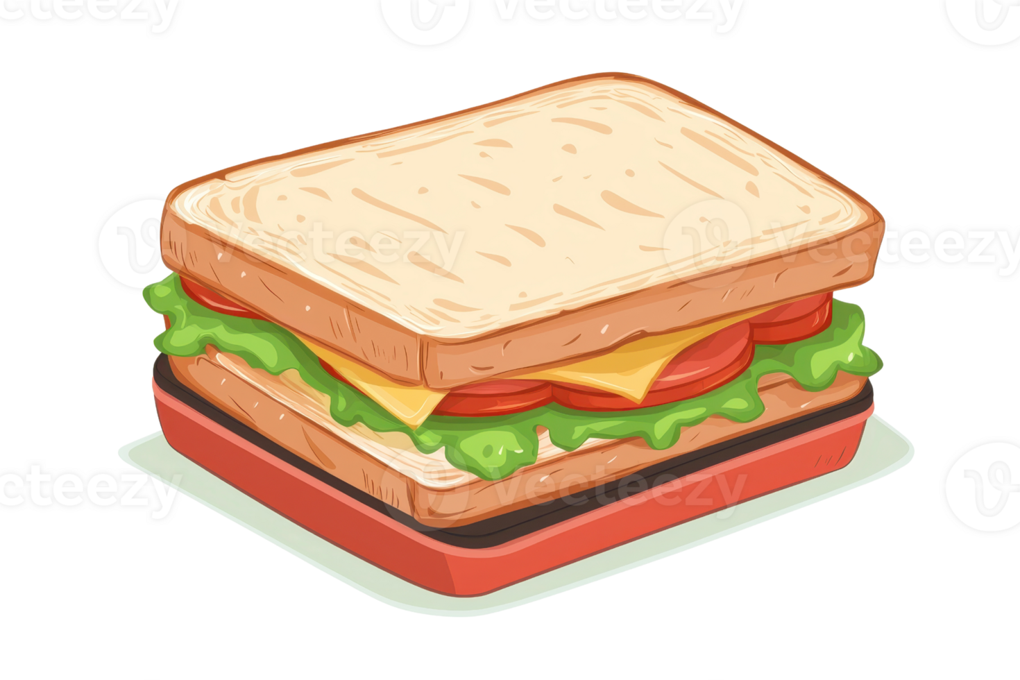 Illustration of a classic sandwich with lettuce, cheese, tomato, and bread, showcased on a light background, emphasizing a healthy snack. png
