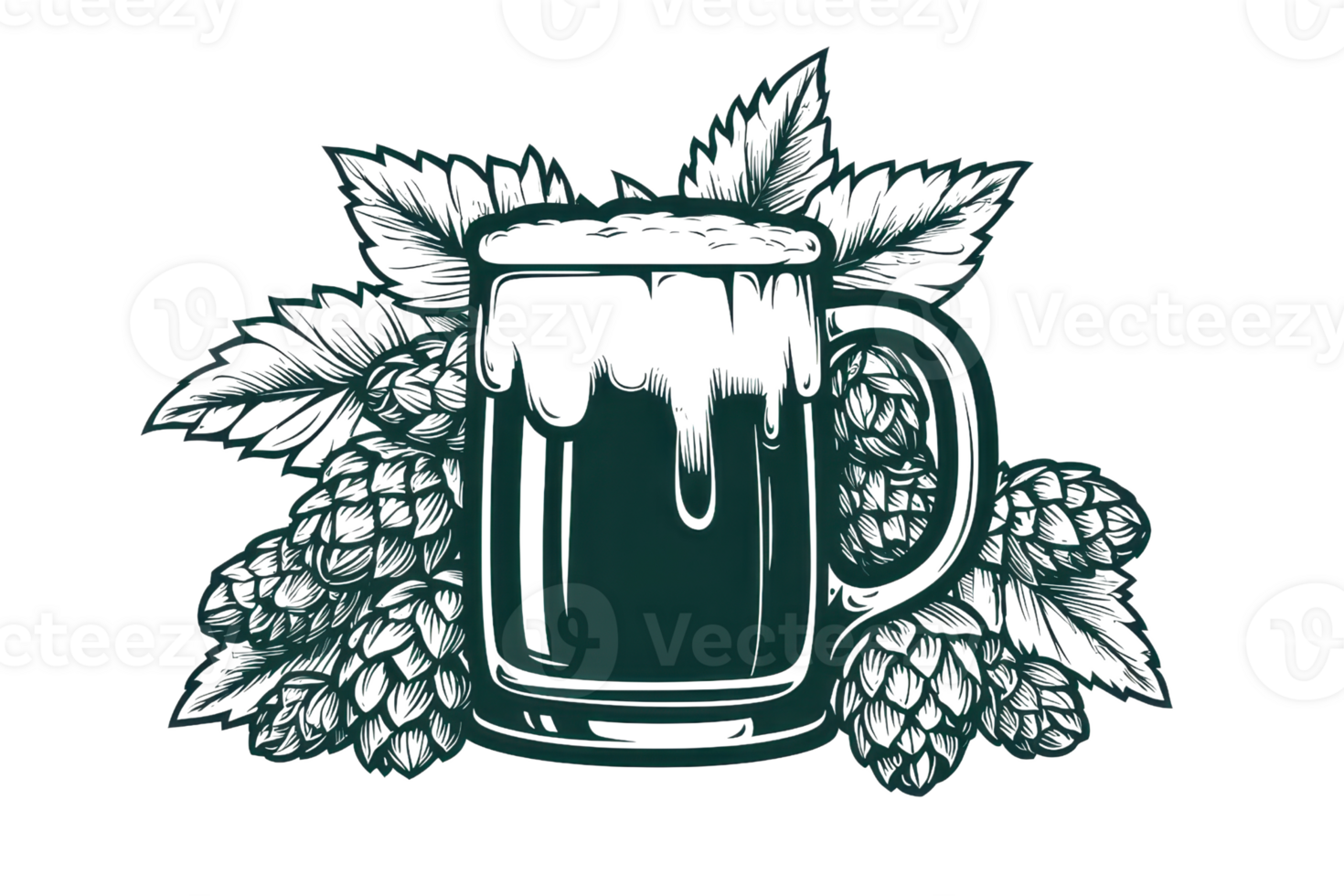 Illustration of a frothy beer mug surrounded by hop leaves and cones, showcasing craftsmanship and tradition in brewing. png