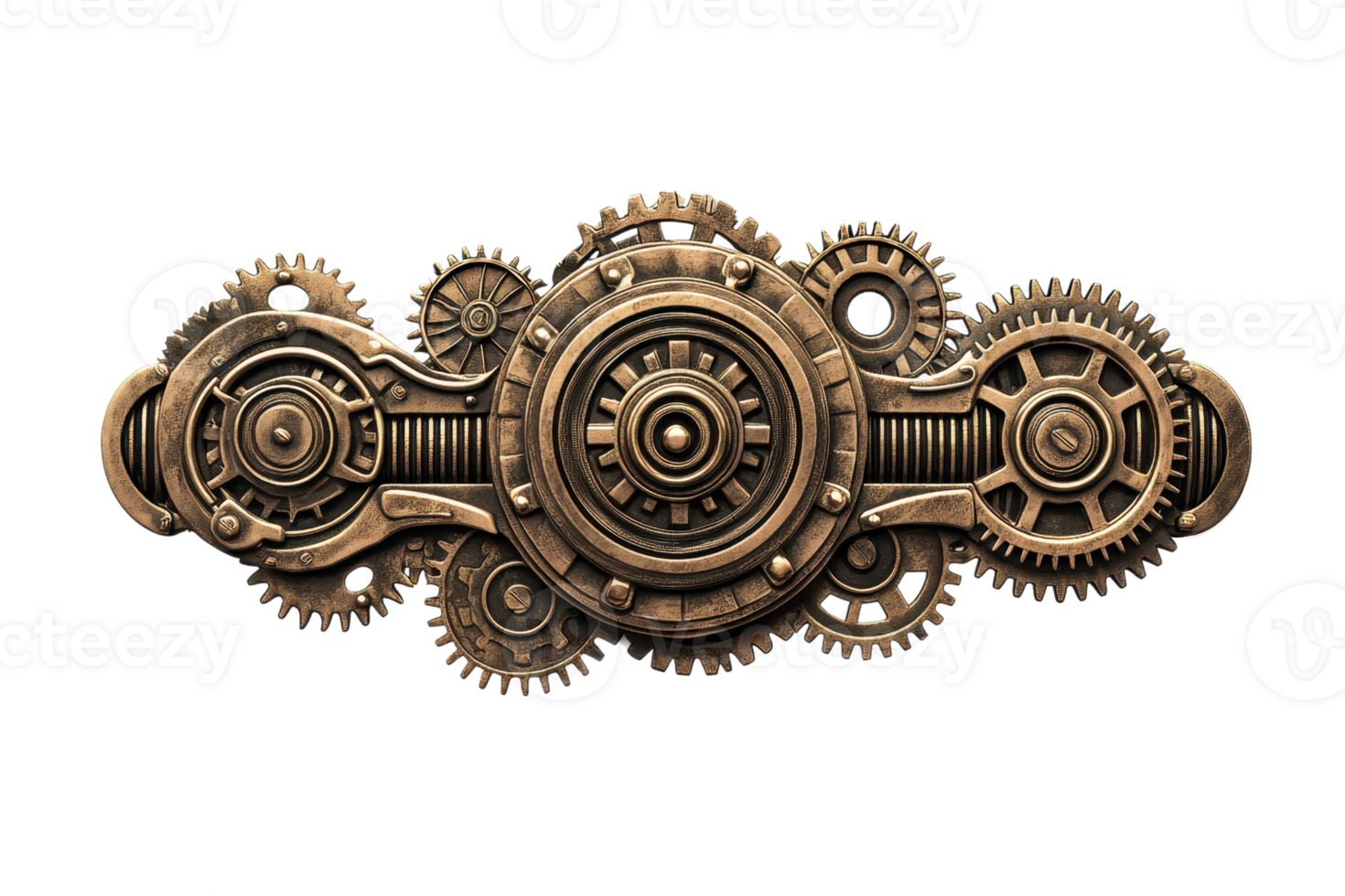 Intricate steampunk gear mechanism showcasing detailed cogwheel design in a vintage metallic finish, perfect for creative industrial concepts. png