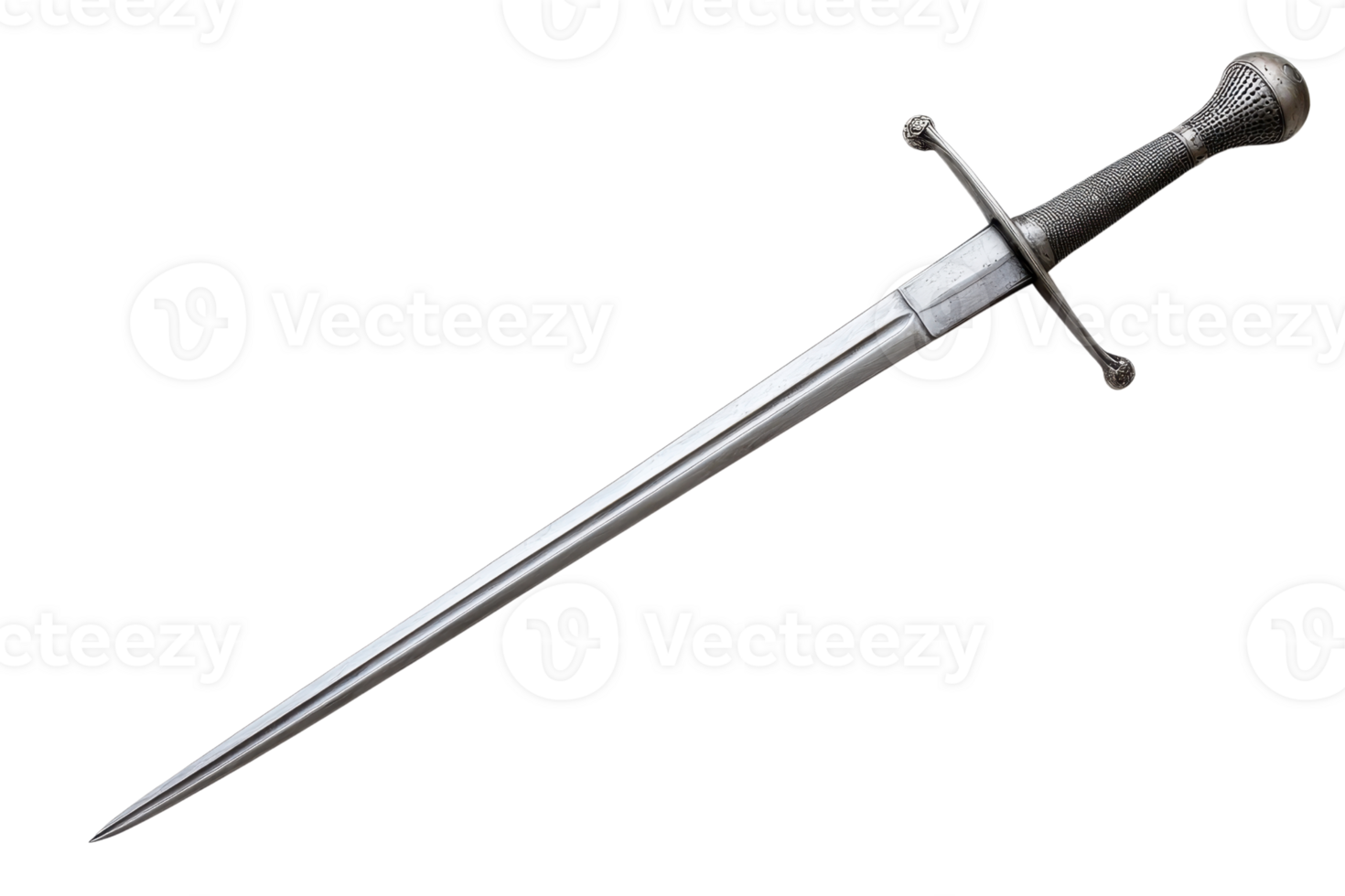Sharp medieval dagger with detailed hilt and shiny blade isolated on transparent background, showcasing craftsmanship and design. png