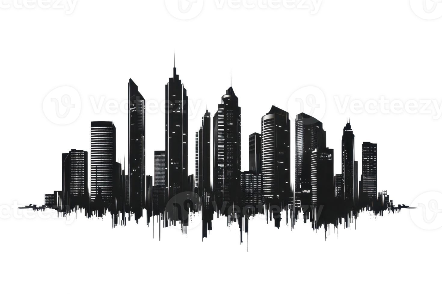Monochrome cityscape silhouette featuring skyscrapers and urban landscape, reflecting creative architecture and modern skyline design. png