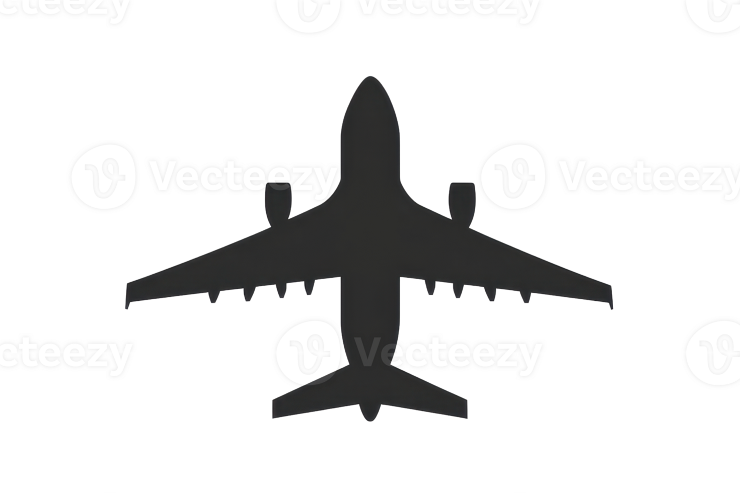 Silhouette of a commercial airplane seen from above, isolated on a transparent background, ideal for travel and airline industry concepts. png