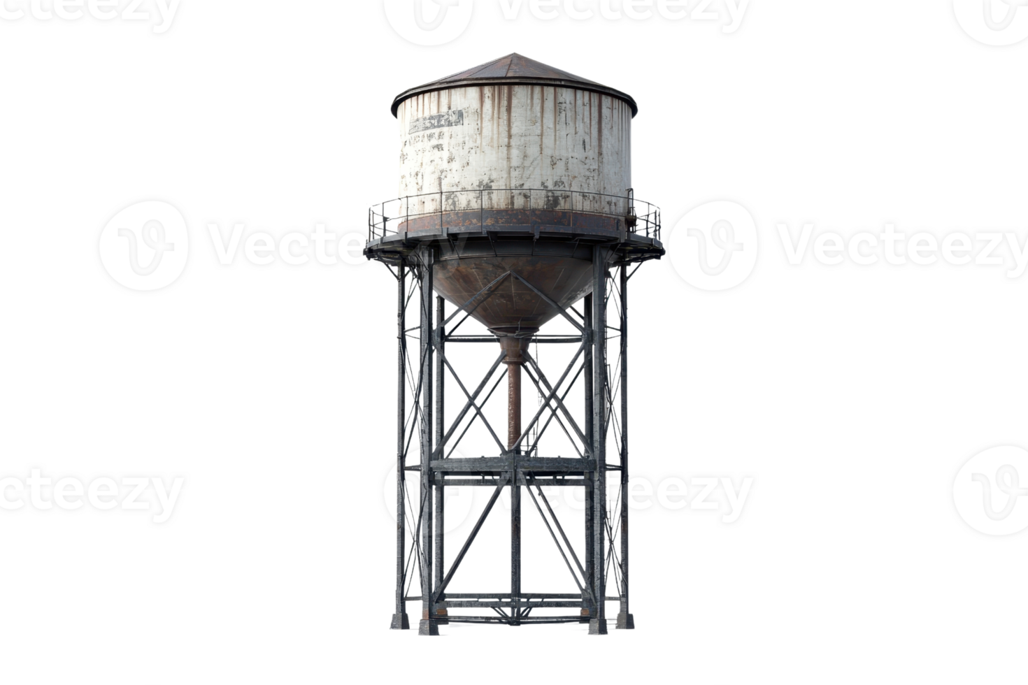 Old industrial water tower isolated on transparent background, showcasing rust and metal structure, ideal for urban and historical projects. png