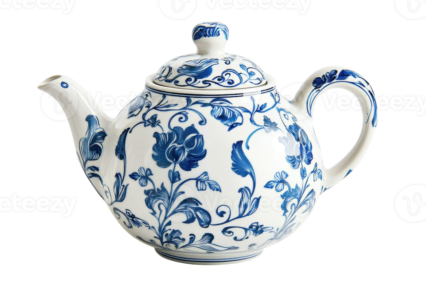 Elegant porcelain teapot with intricate blue floral design against a transparent background. perfect for tea enthusiasts and collectors alike. png