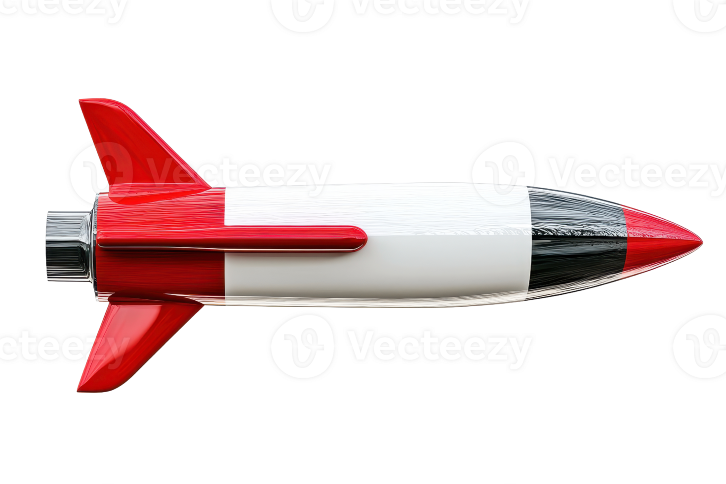 Red and white retro-style toy rocket isolated on transparent background, showcasing classic design and vibrant colors. png