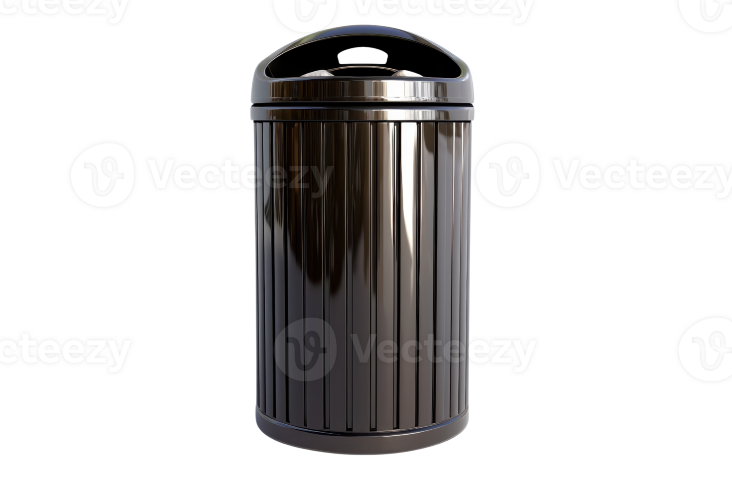 Sleek black metal trash can with a domed lid, perfect for modern kitchen or office spaces, enhancing both functionality and style. png